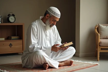 Homme musulman en djellaba blanche faisant ses prières pendant le Ramadan dans un appartement du Blanc-Mesnil