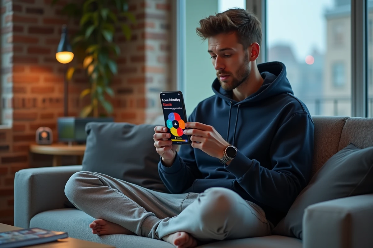 Jeune homme consultant le résultat d'un test de personnalité archange sur son smartphone dans un appartement moderne