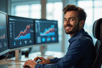Homme confiant travaillant sur SEO dans un bureau lumineux