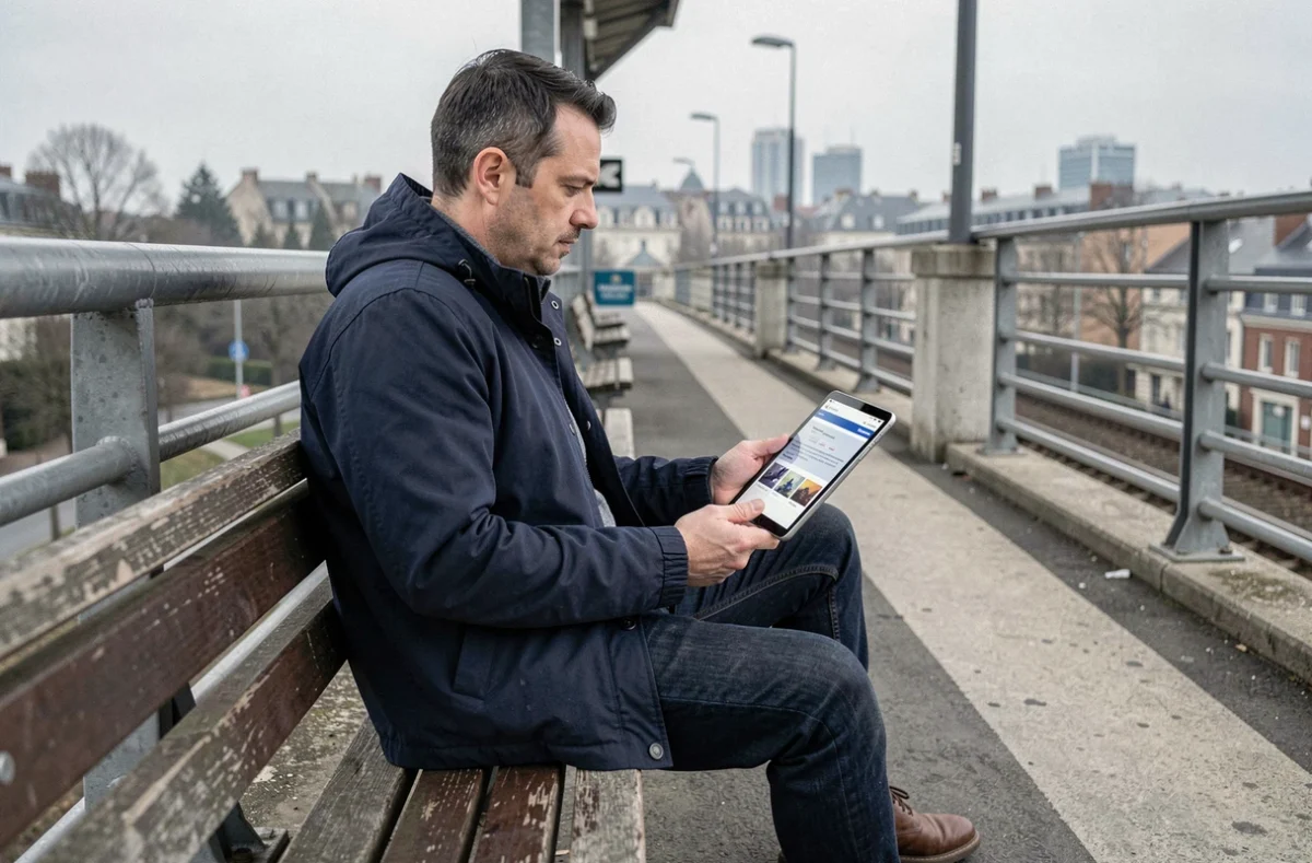 Homme consultant le site ratp.fr sur une tablette sur un quai de RER en banlieue parisienne