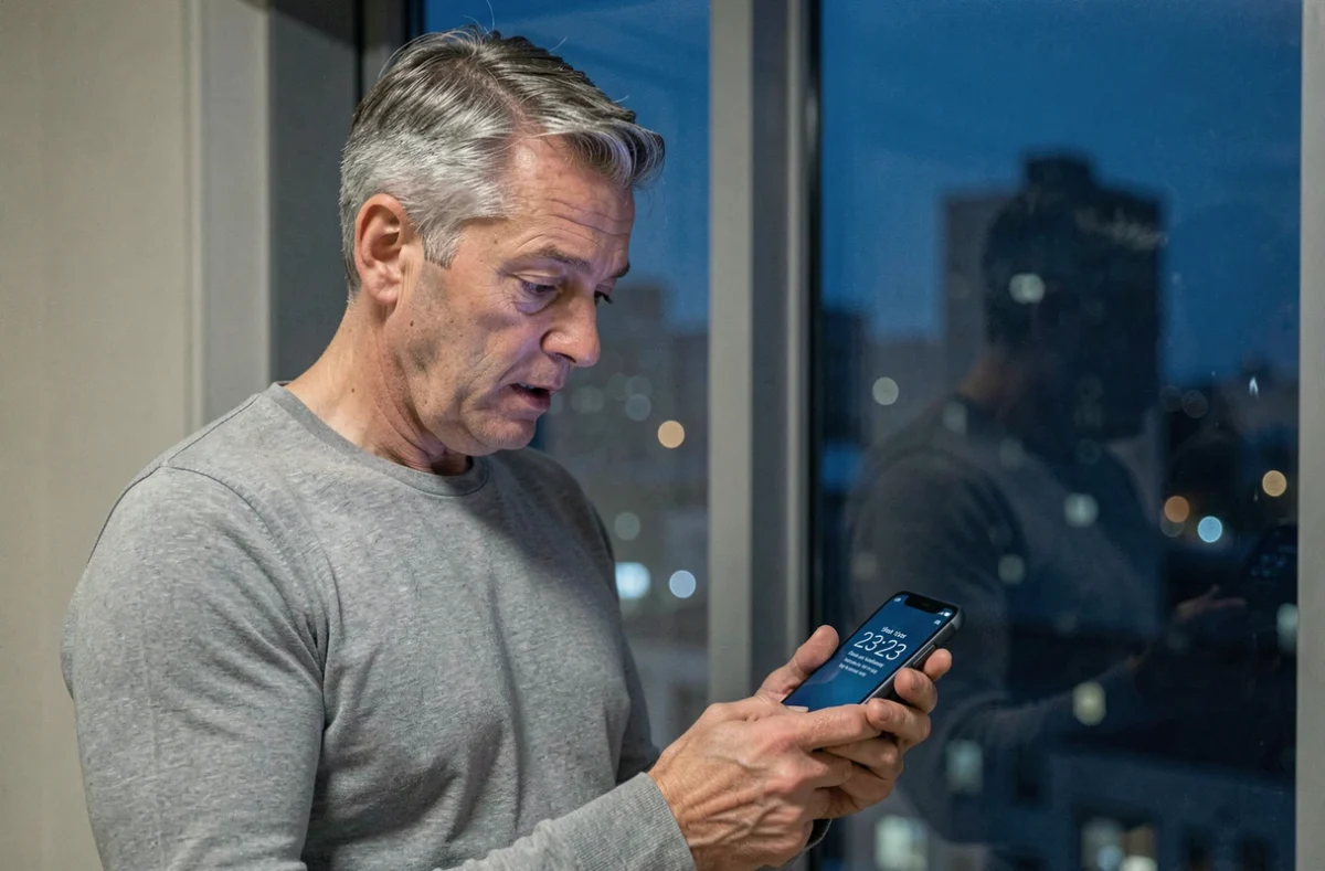 Homme regardant son smartphone affichant 23h23 devant une fenêtre urbaine la nuit, symbolisant la signification des heures miroirs et des messages des anges en 2026