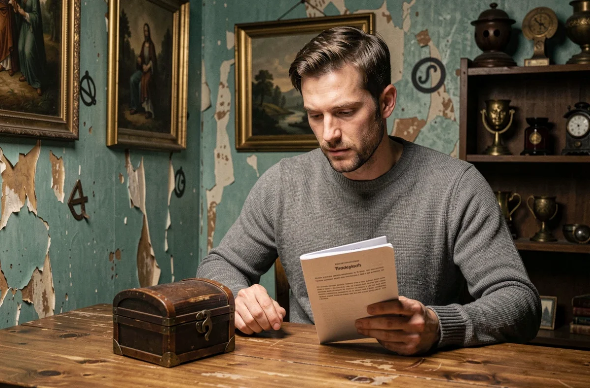 Homme seul analysant un guide de solution imprimé devant un coffre miniature verrouillé dans une salle d'évasion vintage