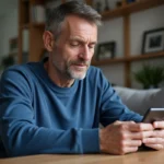 Homme en sweat bleu vérifiant la caméra de sécurité à domicile