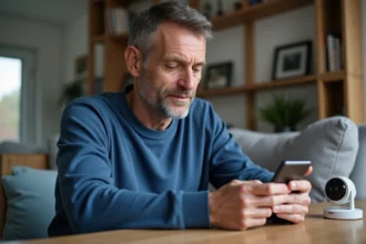 Homme en sweat bleu vérifiant la caméra de sécurité à domicile