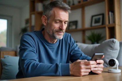 Homme en sweat bleu vérifiant la caméra de sécurité à domicile