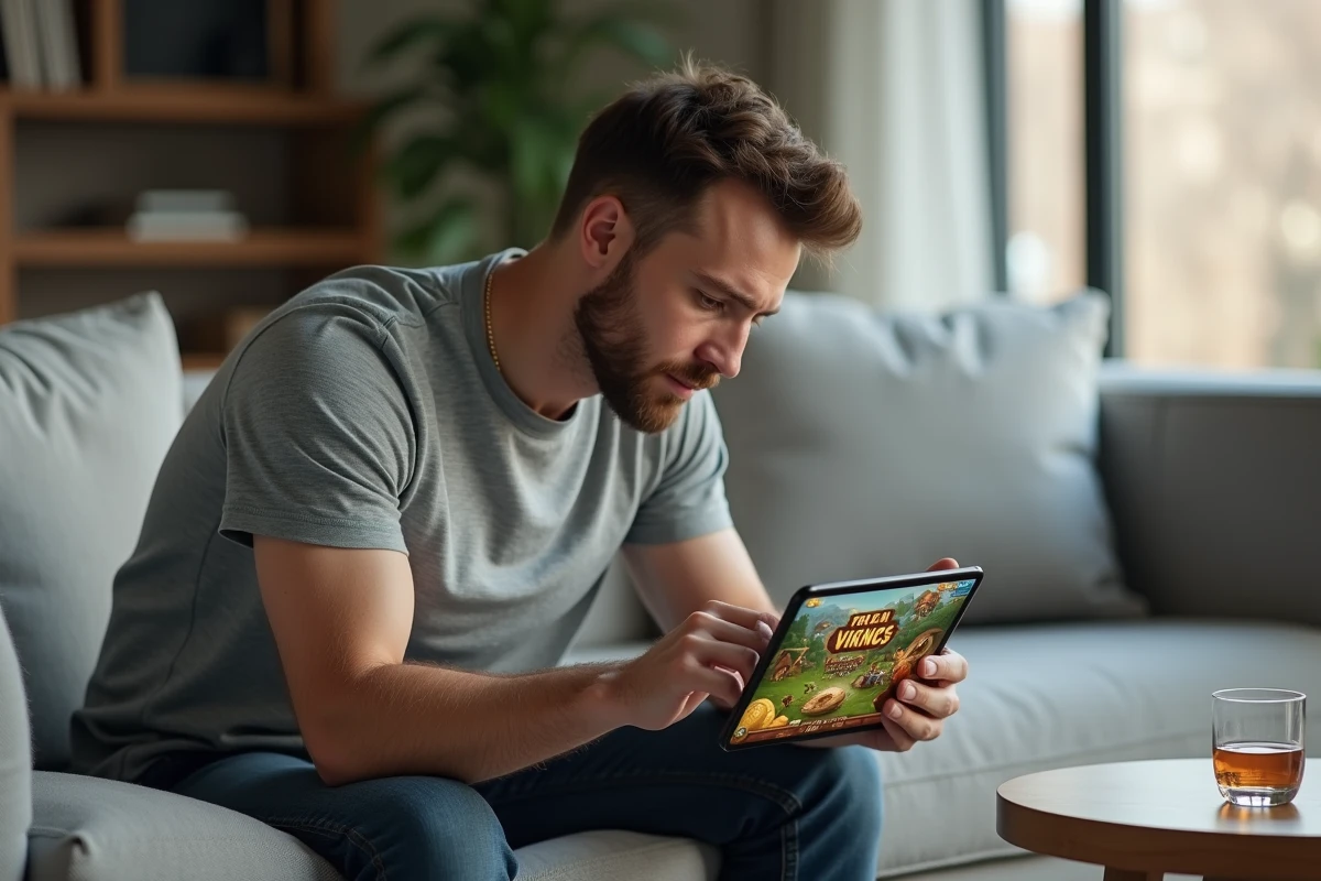Homme consultant des liens Coin Master sur tablette pour obtenir des tours gratuits