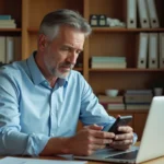 Homme consultant son smartphone pour vérifier un indicatif téléphonique international depuis l'Algérie