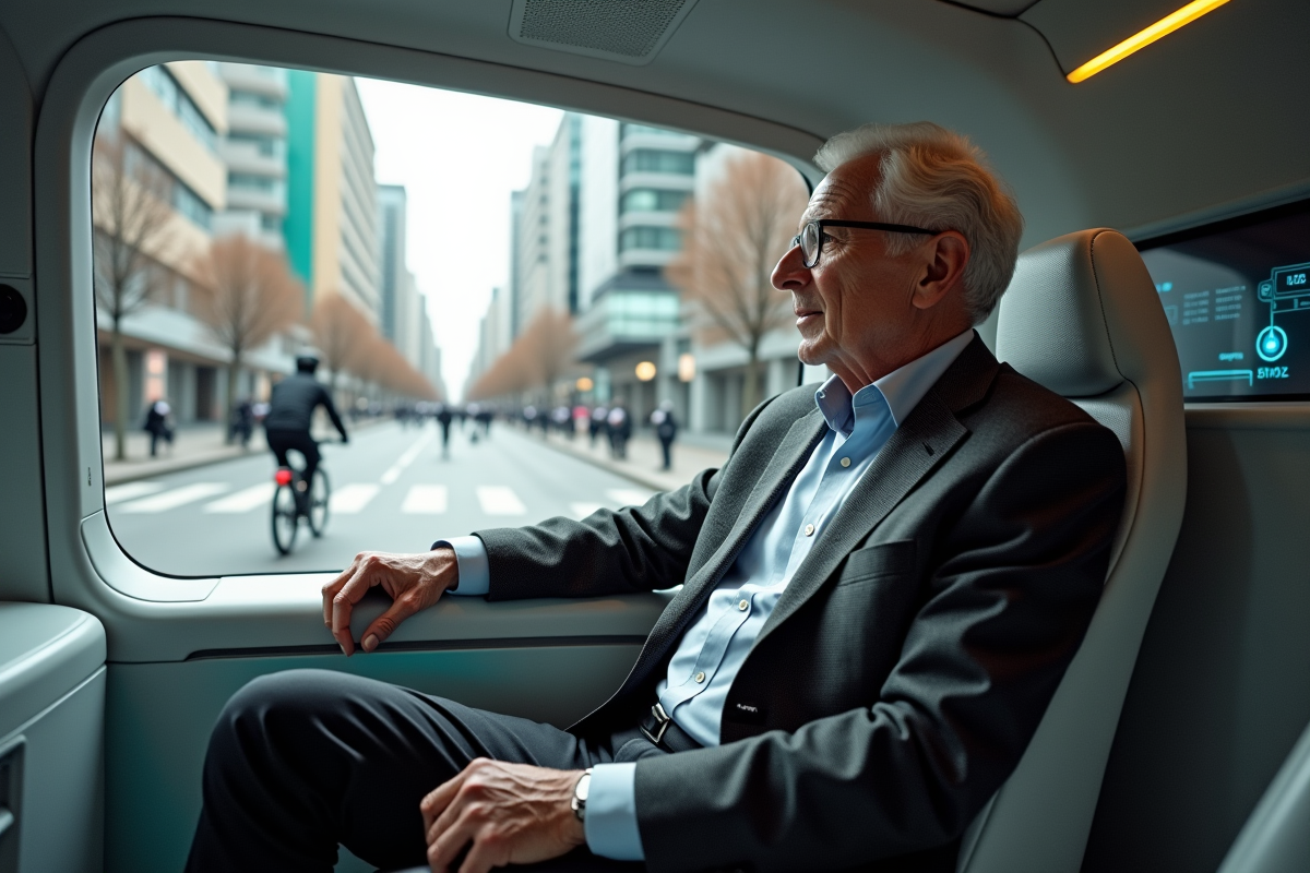 Homme âgé dans un taxi hightech avec vue urbaine