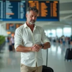 Homme vérifiant sa montre près du tableau d'embarquement à Nouméa