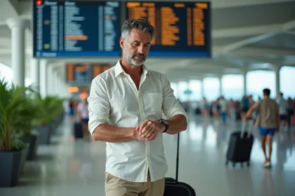 Homme vérifiant sa montre près du tableau d'embarquement à Nouméa