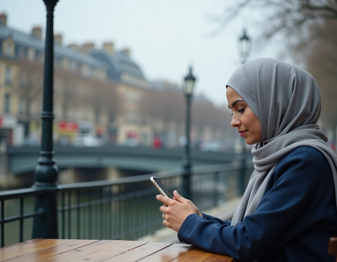 Jeune femme en hijab consultant les horaires de prière sur smartphone en terrasse au bord du Canal de l'Ourcq dans le 19ème arrondissement de Paris