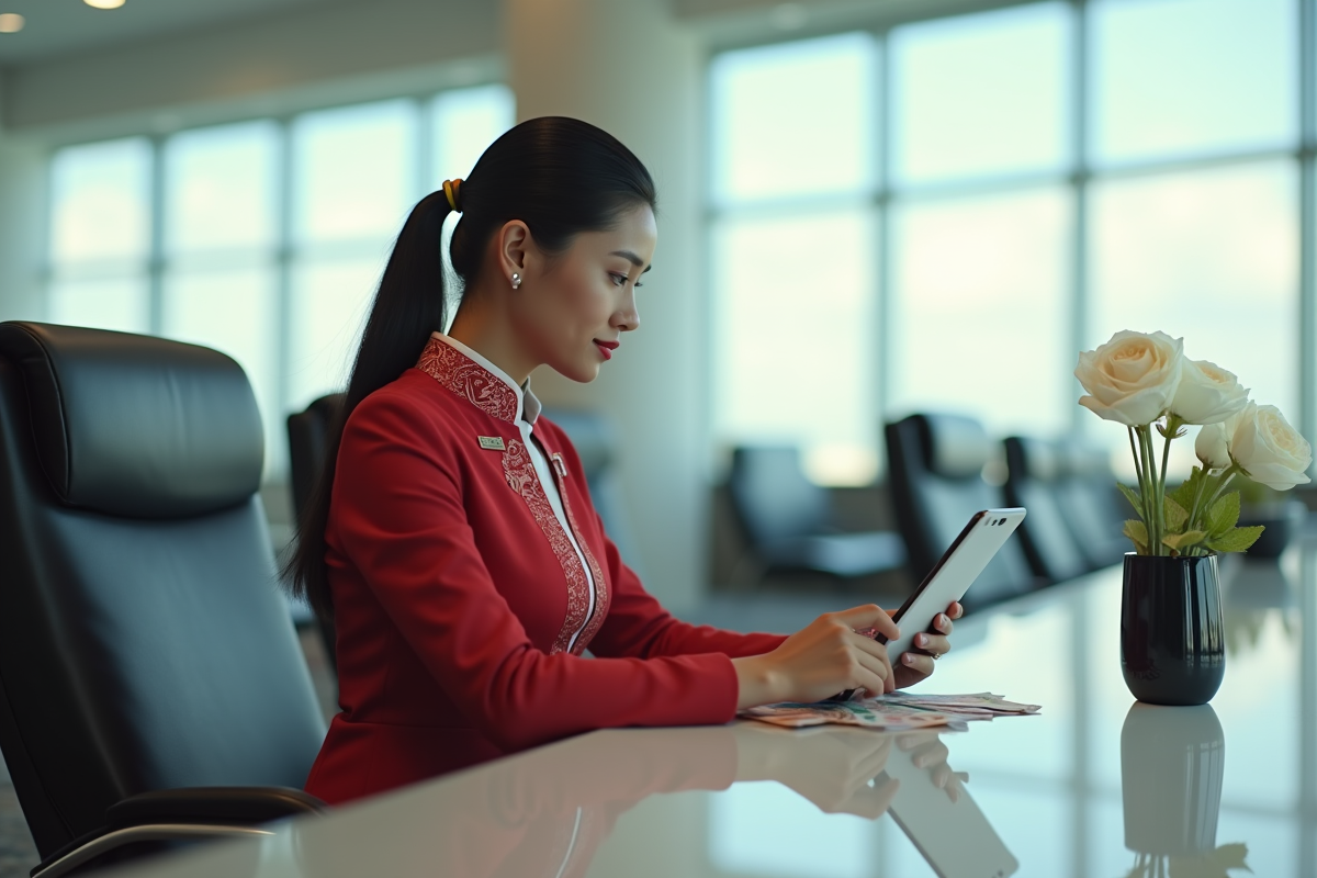 Hôtesse Emirates assise avec tablette et billets euros