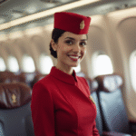 Hôtesse Emirates souriante dans l'avion moderne