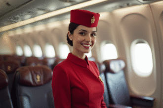 Hôtesse Emirates souriante dans l'avion moderne