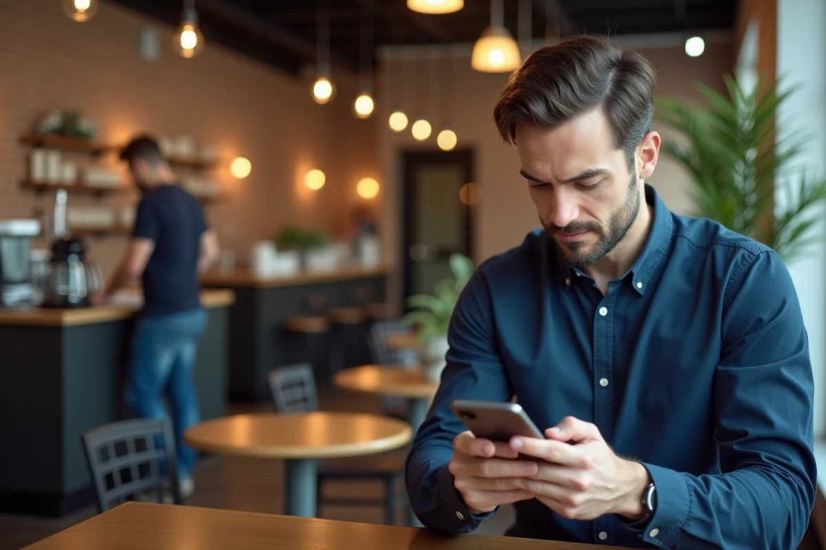 Homme utilisant son smartphone dans un café pour identifier un numéro de téléphone inconnu via les pages blanches