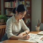 Femme japonaise dessinant des mangas dans un style vintage