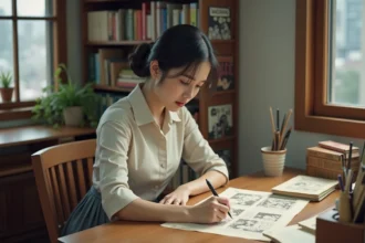 Femme japonaise dessinant des mangas dans un style vintage