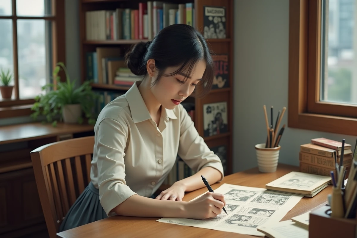 Femme japonaise dessinant des mangas dans un style vintage