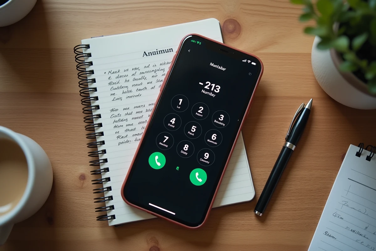 Vue de dessus d'un smartphone affichant l'indicatif +213 pour l'Algérie avec un carnet de notes ouvert sur une table en bois