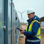 Ingénieur homme examinant une batterie solaire en extérieur