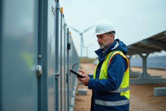 Ingénieur homme examinant une batterie solaire en extérieur