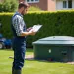 Homme en overalls vérifiant une fosse septique extérieure