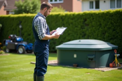 Homme en overalls vérifiant une fosse septique extérieure