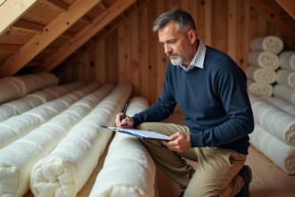 Homme inspectant l'isolation dans un grenier
