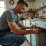 Homme inspectant des tuyaux en cuivre sous l'évier de cuisine