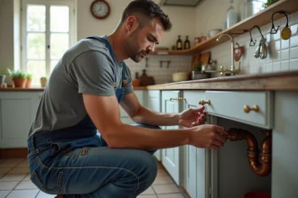 Homme inspectant des tuyaux en cuivre sous l'évier de cuisine