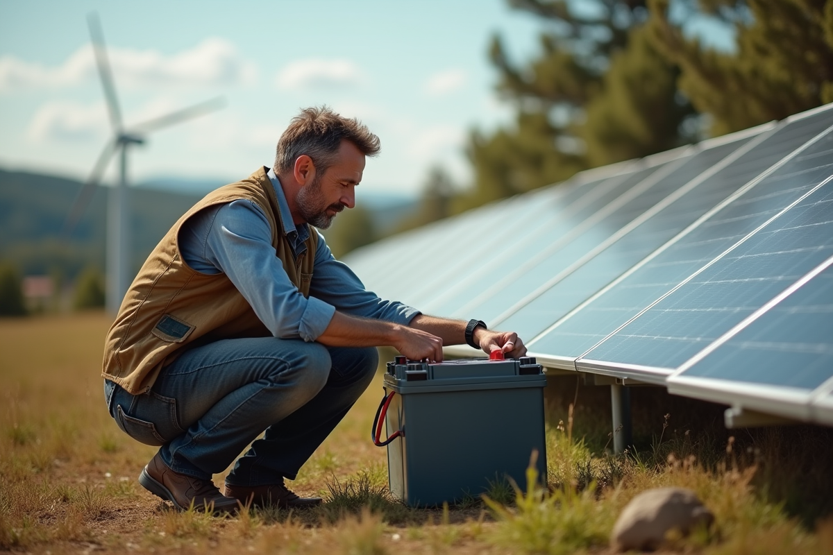 Homme installant une batterie recyclable près de panneaux solaires en extérieur