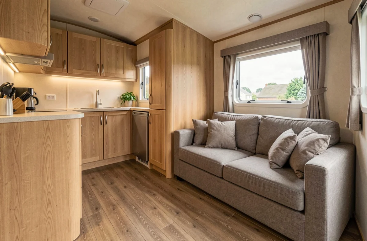 Intérieur d'un mobil-home haut de gamme fabriqué en France avec cuisine équipée en chêne clair et salon confortable