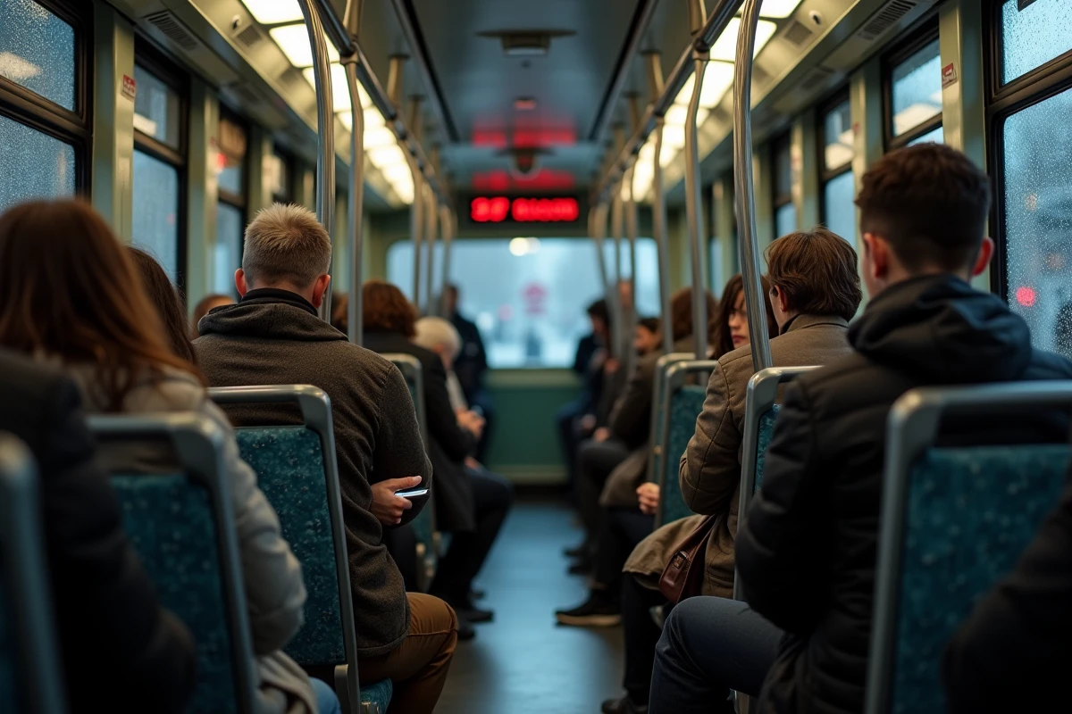 Intérieur d'un tram nantais bondé en soirée avec des passagers consultant les horaires sur leur téléphone