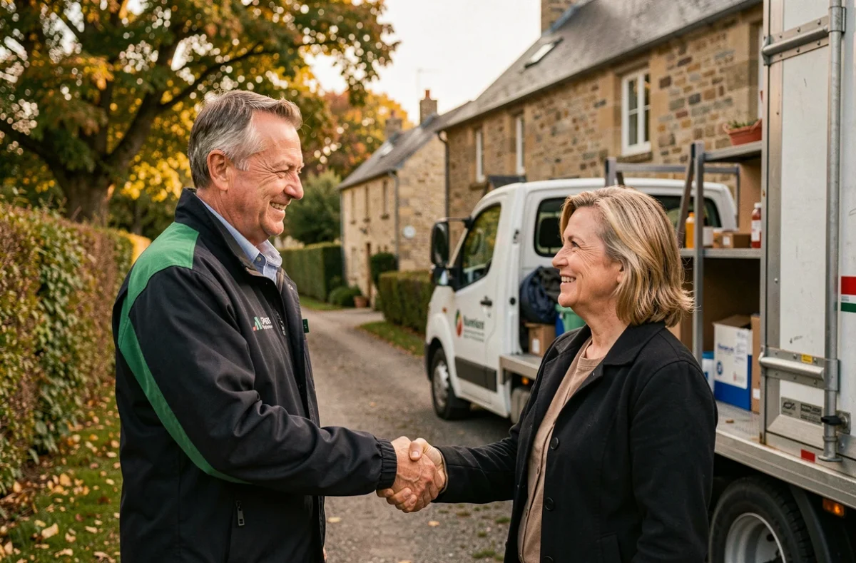 Déménageur Jacques Lagniel Lepoultier serrant la main d'une cliente satisfaite devant une ferme normande