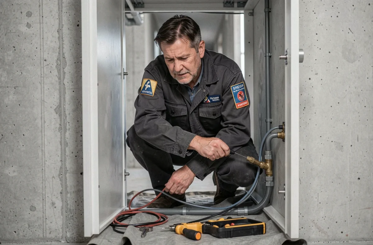 Technicien Jean-Marie Plomb-Elec installant simultanément tuyauterie et câblage dans un placard technique d'immeuble
