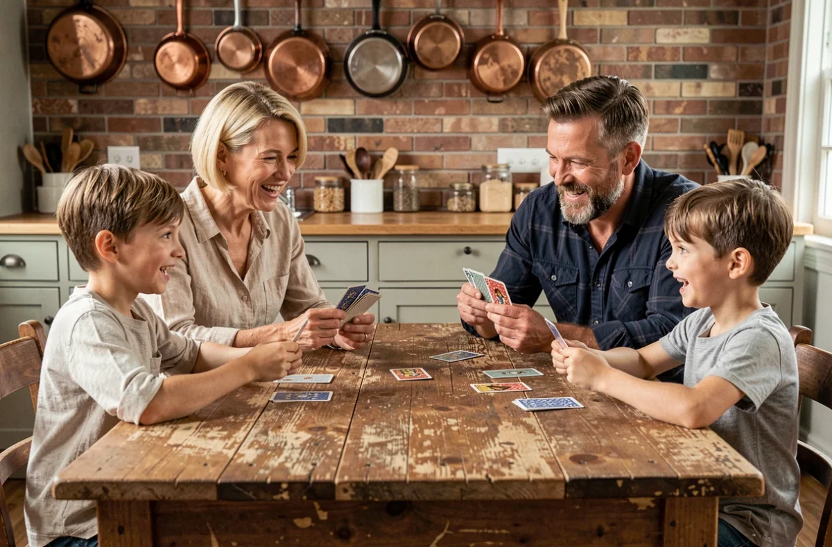 Famille réunie autour d'une table en bois jouant aux cartes dans une salle à manger vintage avec mur en briques apparentes