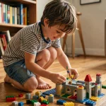 Jeune garçon concentré à construire un château en LEGO sur un plancher en bois dans un salon chaleureux