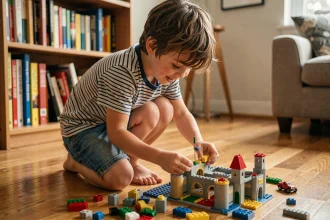 Jeune garçon concentré à construire un château en LEGO sur un plancher en bois dans un salon chaleureux