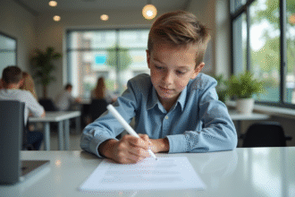 Adolescent remplissant papiers dans une école de conduite lumineuse