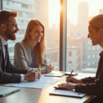 Jeune couple rencontrant un banquier dans un bureau lumineux