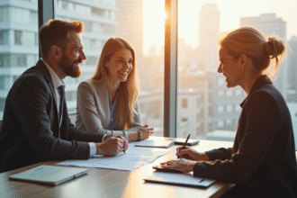 Jeune couple rencontrant un banquier dans un bureau lumineux