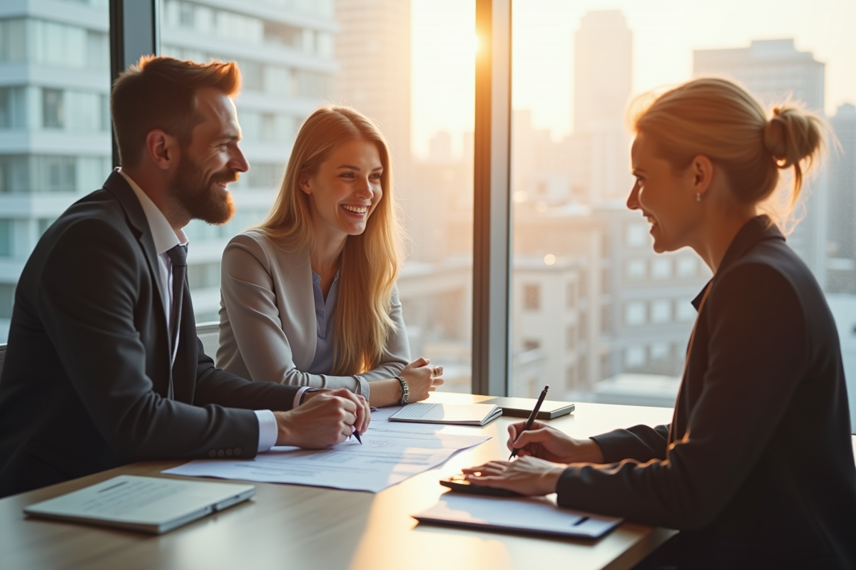 Jeune couple rencontrant un banquier dans un bureau lumineux