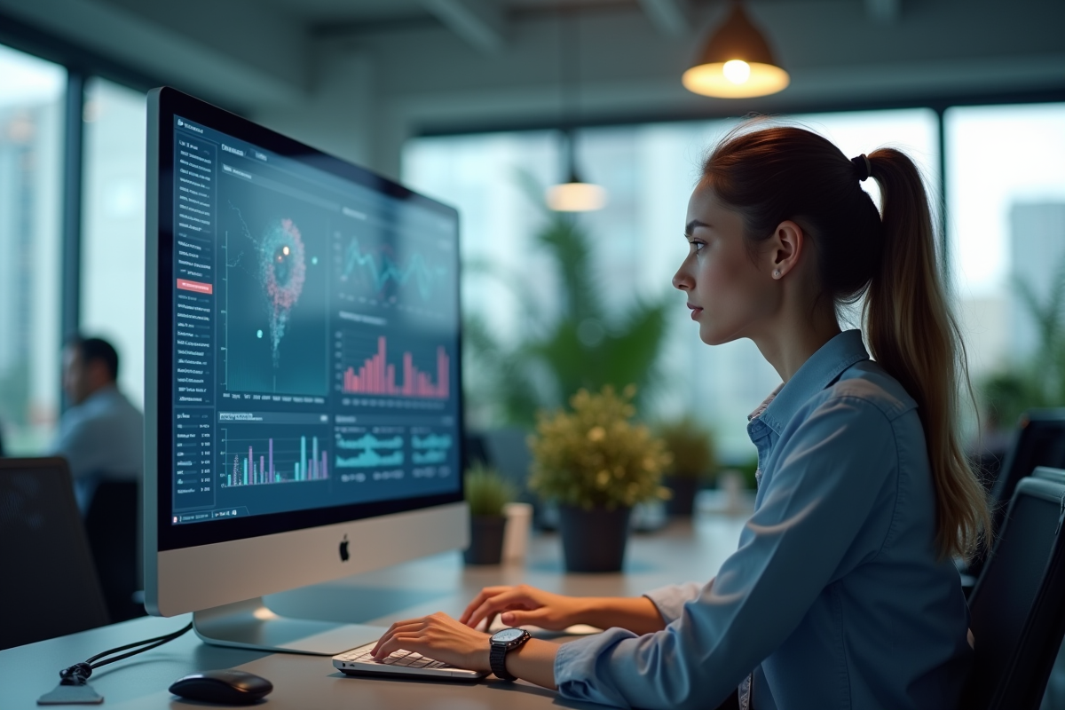 Jeune femme professionnelle surveillant un tableau de sécurité numérique