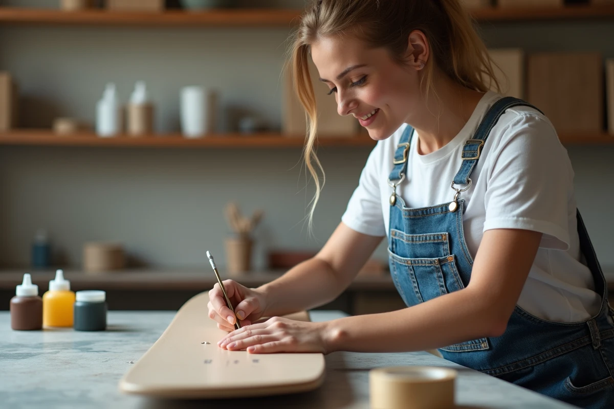Femme inspectant un skateboard peint avec soin dans un studio lumineux