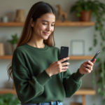 Jeune femme examinant une batterie écologique dans un intérieur moderne