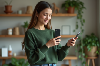 Jeune femme examinant une batterie écologique dans un intérieur moderne