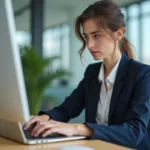 Jeune femme en bureau moderne tapant un email