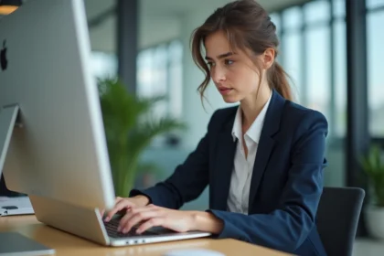 Jeune femme en bureau moderne tapant un email