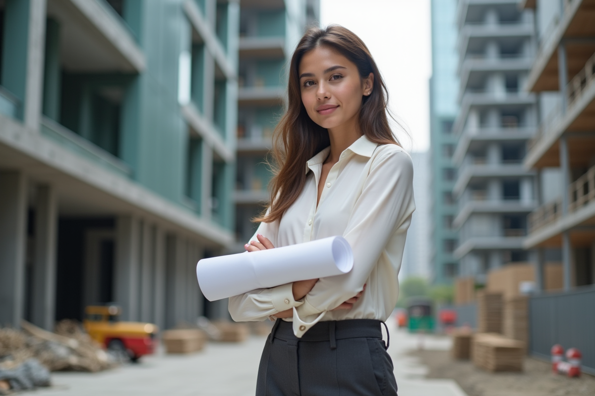Jeune architecte sur un chantier avec plans et bâtiments en construction
