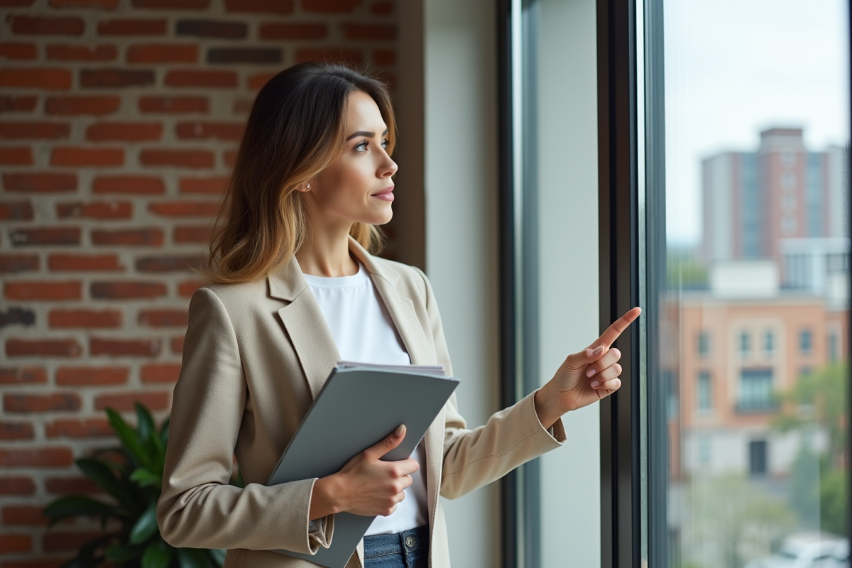 Jeune femme pointant une fenêtre moderne et économe